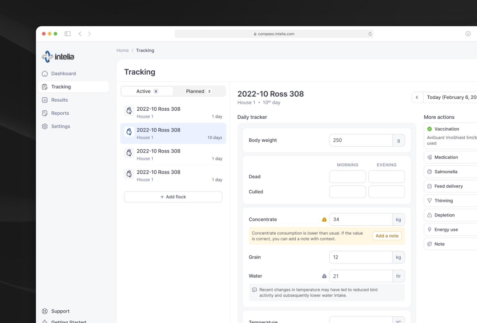 Screenshot of Intelia interface displaying the data entry for tracking page